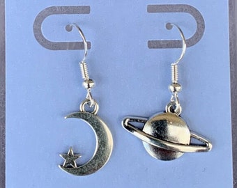 Love You Moon & Saturn Earrings / Mismatched / Celestial / 925 Hypoallergenic Sterling Silver Hook Earrings / Concert Jewelry