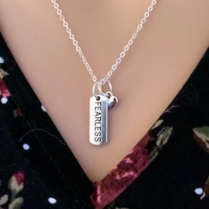 Fearless Tag Charm and Heart Silver Chain Necklace / Gift / Inspirational Jewelry / Necklace for Concert / Girl Power