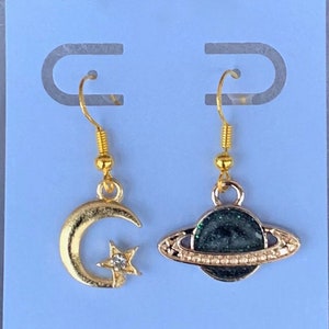 Love You Moon & Saturn Earrings / Mismatched / Celestial / folklore / Sparkly Enamel Earrings / Hypoallergenic Gold Tone / Tour Jewelry