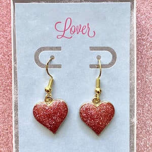 Lover Pink Heart Earrings / Gold Hooks / Glittery Hearts / Sparkly Earrings / Concert Jewelry
