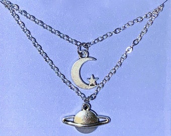 Love You Moon & Saturn Necklaces / Silver Charms and Chains / Friendship Set / Best Friends / Concert Jewelry