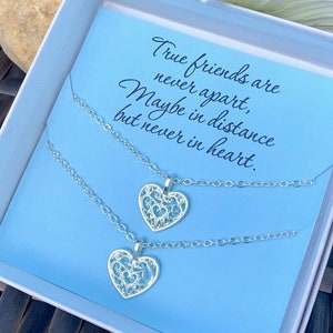 Best Friends Heart Necklace Set / Silver Heart Charms / Besties Jewelry / Friendship / BFF Necklaces / Gift Box Included