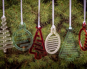 6 Modern Christmas Ornaments - Trees & Balls - Translucent Green - Frosted White - Translucent Red - Retro Christmas - Acrylic - Minimalist