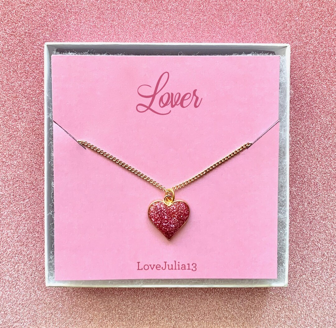Glittery Pink Heart Necklace / Gold Chain / Charm Necklace / Gift for