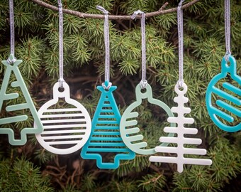 Set of 6 Modern Christmas Ornaments - Trees & Balls - Turquoise - White - Mint Green - Retro Christmas - MCM - Minimalist - Laser