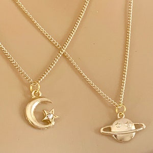 Moon & Saturn Necklaces / Gold Chains and Charms / Friendship Set Best ...