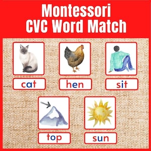 May include: Montessori CVC Word Match educational game with images of a cat, hen, person sitting, mountain, and sun. The words cat, hen, sit, top, and sun are written below the images.