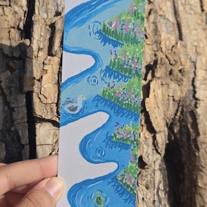 Whimsical Pearlescent River Bookmark | Cute Turtle and Duck | Floral Nature Illustration | Cotragecore Book Lover Gift