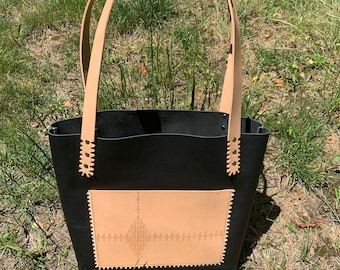 Tote Bag oiled tanned and vegetable tanned Leather hand stamped Hand made