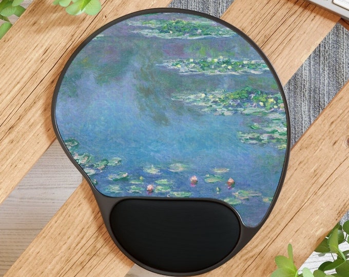 Water Lilies Ergonomic Mouse Pad, Claude Monet Print, Wrist Rest Mousepad