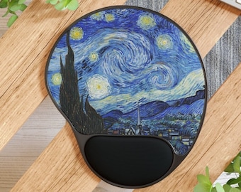 Starry Night Wrist Rest Mousepad, Van Gogh Painting, Round Mouse Pad, Trendy Workspace