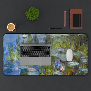 Claude Monet Green Desk Mat, Water Lilies Big Mousepad, Extended Mouse Pad, Trendy Workspace, Work From Home