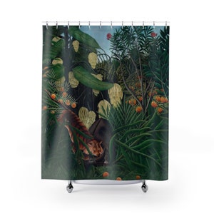 Henri Rousseau, Green Shower Curtain, Tiger and Buffalo Boho Shower Curtain, Botanical Bath Decor | 71 × 74 inches
