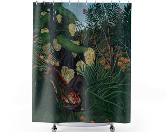 Henri Rousseau, rideau de douche vert, rideau de douche bohème tigre et buffle, décoration de bain botanique | 71 × 74 pouces