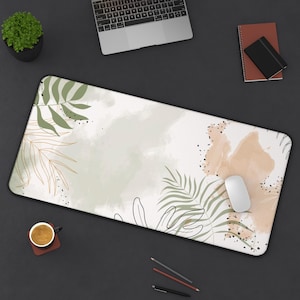 Minimalist Aesthetic Desk Mat, Beige Leafy Extended Mousepad, Xxl Mouse Pad, Trendy Workspace, Desk Accessory Decor