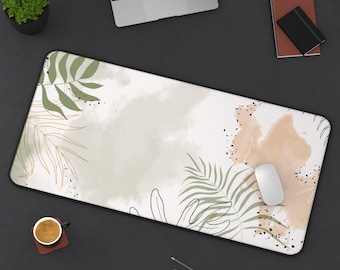 Minimalist Aesthetic Desk Mat, Beige Leafy Extended Mousepad, Xxl Mouse Pad, Trendy Workspace, Desk Accessory Decor