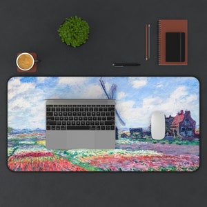 Monet Print, Large Mousepad, xl mouse pad, Windmill in Tulip Field Extended Mouse Pad, Desk Accessory Décor, Trendy Workspace