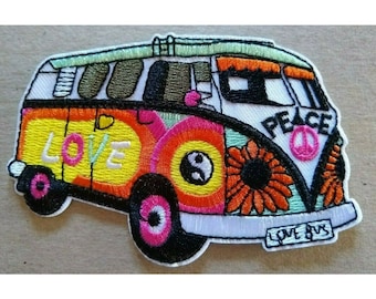 Hippie Love Peace Bus Coloured Sew Iron on Patch Badge Embroidery DIY Appliques Hippie Love Peace Bus Coloured Sew Iron on Patch Badge Embroidery DIY Appliques