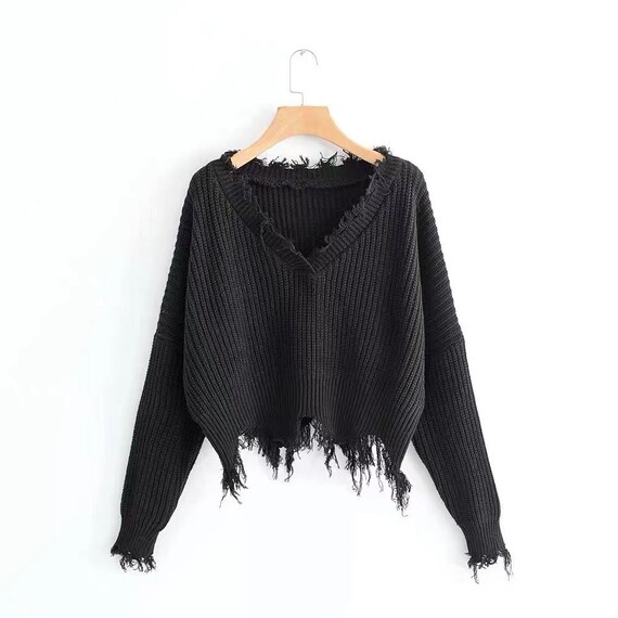 Witchy Black Frayed Trim Drop Shoulder 