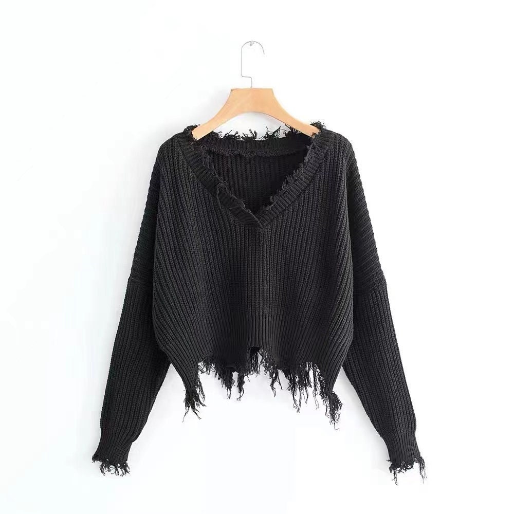 Witchy Black Frayed Trim Drop Shoulder 