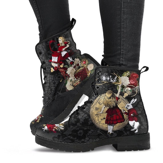 vrouwen zwarte hipster laarzen aangepaste schoenen Schoenen damesschoenen Laarzen Werklaarzen & Kisten Verjaardagscadeau idee Alice in Wonderland Geschenken #34 Rode Serie Combat Boots Zwart Kant Print 