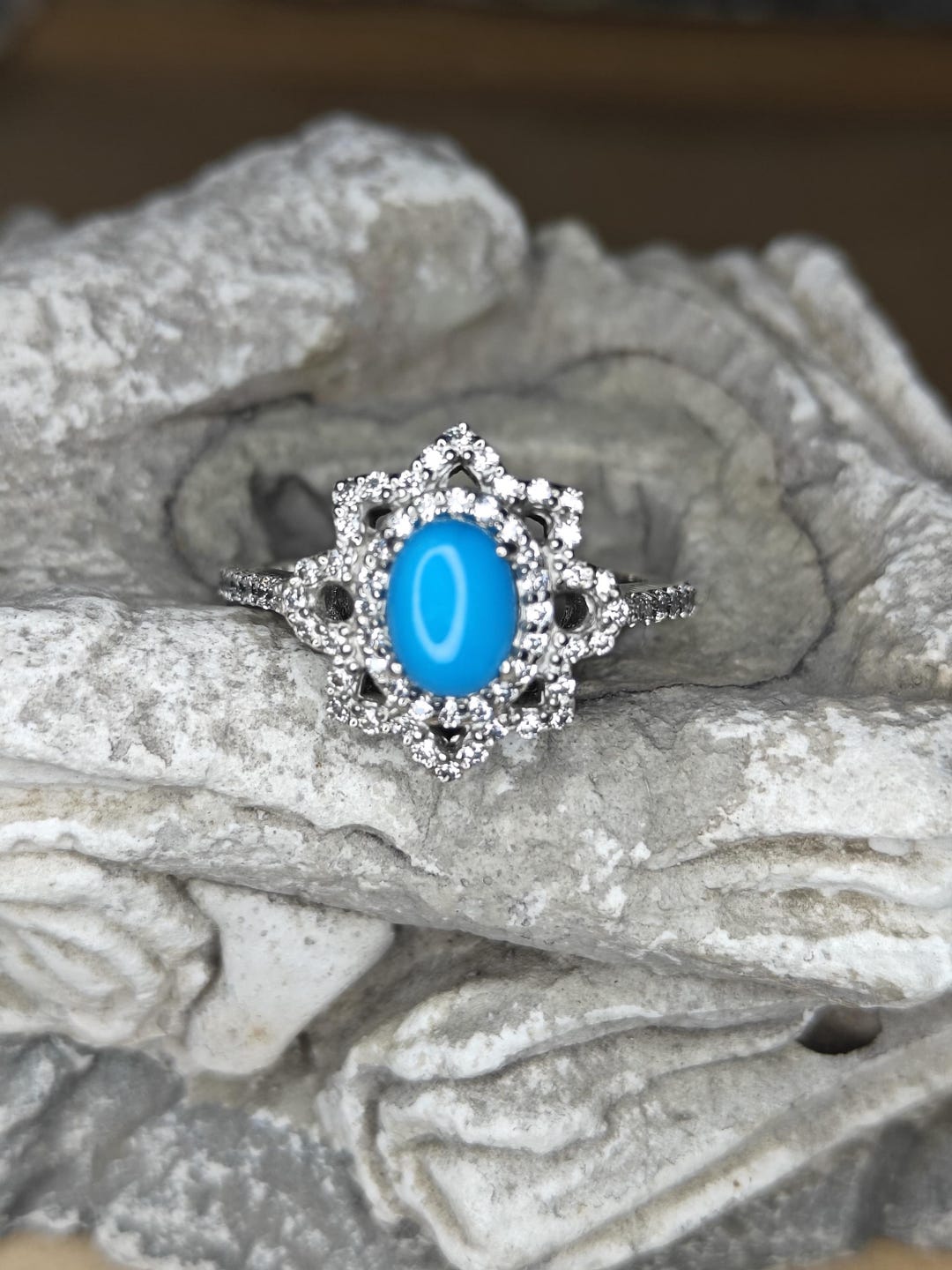 Turquoise Oval Ring, Sterling Silver Gemstone Cluster Ring, Dainty Blue ...