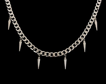 Dangling Spike Curb Chain Necklace - Unisex Mens Womens Jewelry Stainless Steel Waterproof Silver Charmed Gothic Punk Grunge Charm Choker