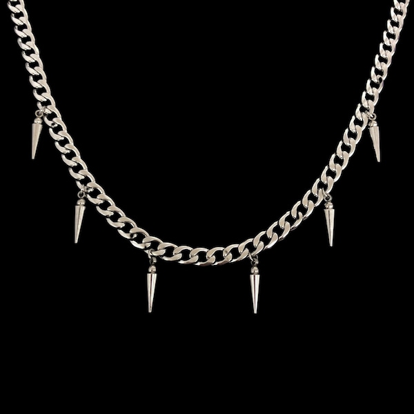 Dangling Spike Curb Chain Necklace - Unisex Mens Womens Jewelry Stainless Steel Waterproof Silver Charmed Gothic Punk Grunge Charm Choker