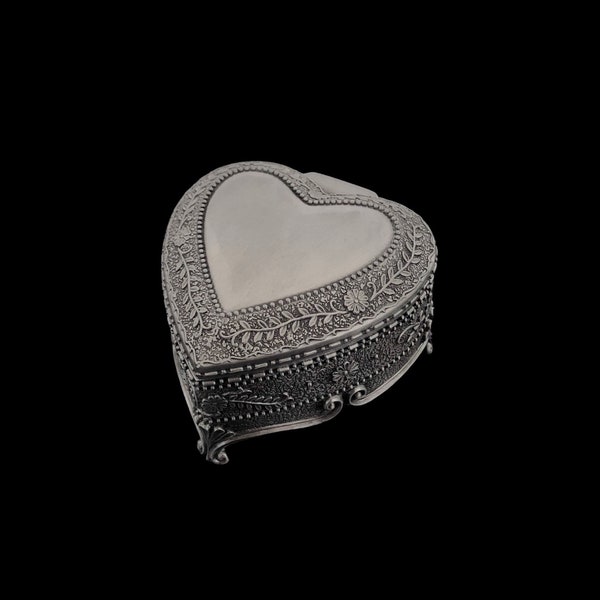 Vintage Style Heart Jewellery Box - Silver Metal Goth Gothic Emo Grunge Jewelry Trinket Storage Tray Valentines Day Gift Vday Present