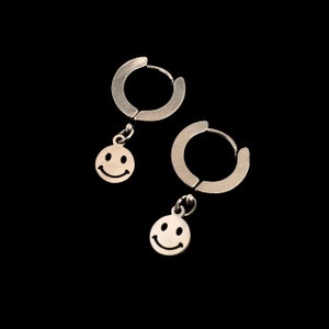 Happy Smiley Face Mini Hoop Earrings - Unisex Mens Womens Stainless Steel Emoji Smile Charm Huggie Sleeper Drop Jewelry Birthday Gift
