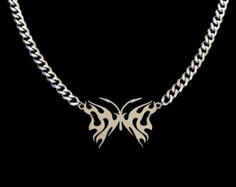 Flaming Butterfly Cuban Chain Necklace -  Stainless Steel Flame Fire Insect Bug Tattoo Pendant Grunge Gothic Emo Jewellery Jewelry Choker