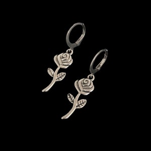 Rose Mini Hoop Earrings - Unisex Mens Womens Stainless Steel Grunge Flower Stem Charm Huggie Sleeper Drop Jewelry Birthday Gift Present