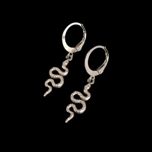 Serpent Mini Hoop Earrings - Unisex Mens Womens Stainless Steel Gothic Grunge Snake Charm Huggie Sleeper Drop Jewelry Birthday Gift Present
