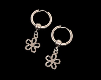 Fleur Earrings - Unisex Mens Womens Stainless Steel Flower Daisy Charm Fairy Grunge MIni Hoop Huggie Sleeper Stud Drop Jewelry Birthday Gift