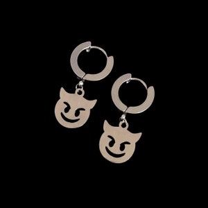 Devil Face Emoji Mini Hoop Earrings - Unisex Mens Womens Stainless Steel Grunge Charm Huggie Sleeper Drop Jewelry Birthday Gift Present