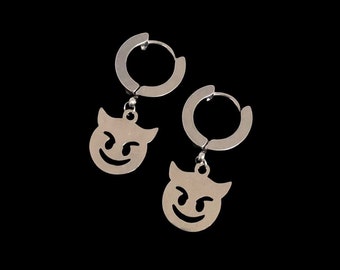 Devil Face Emoji Mini Hoop Earrings - Unisex Mens Womens Stainless Steel Grunge Charm Huggie Sleeper Drop Jewelry Birthday Gift Present