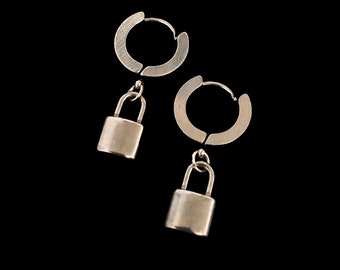 Lock Mini Hoop Earrings - Unisex Mens Womens Stainless Steel Gothic Grunge Padlock Pendant Huggie Sleeper Drop Jewelry Birthday Gift Present