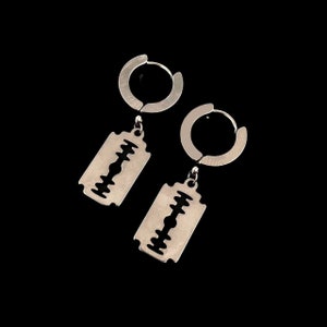 Razorblade Mini Hoop Earrings - Unisex Mens Womens Stainless Steel Gothic Grunge Punk Emo Charm Huggie Sleeper Drop Jewelry Birthday Present