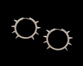 Mega Savage Spiked Hoop Earrings - Unisex Mens Womens Stainless Steel Waterproof Silver Spike Spikey Cyber Punk Grunge Goth Edgy Gift