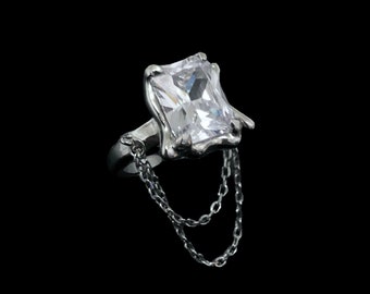 XL Double Chained Crystal Molten Ring - Sterling Silver Large Cubic Zirconia Shiny Adjustable Size Jewellery Jewelry Birthday Present Gift