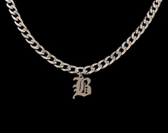 Initial Custom Chain Necklace - Unisex Mens Womens Stainless Steel Personalised Gothic Old English Letter Charm Jewelry Choker Necklace Gift