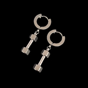 Gym Dumbbell Mini Hoop Earrings - Unisex Mens Womens Stainless Steel Exercise Weights Charm Huggie Dangle Drop Jewelry Birthday Gift Present