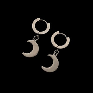 Luna Mini Hoop Earrings - Unisex Mens Womens Stainless Steel Grunge Crescent Moon Charm Huggie Sleeper Drop Jewelry Birthday Gift Present