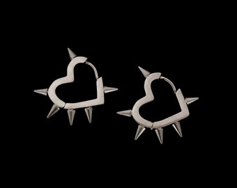 Hearty Spiked Mini Hoop Earrings - Unisex Mens Womens Stainless Steel Heart Shaped Spike Spikey Punk Thick Block Huggie Sleeper Jewelry Gift
