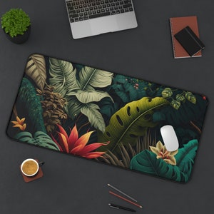 Dark Green Monstera Leaves Desk Mat Gaming Mouse Pad Nature Plant leaf with Golden Line Large Mousepad Office Desk Accessories Decor Gift image 1