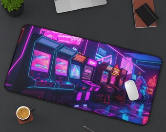 80s Arcade Gaming Neon Desk Mat, Long Desk Mats, Retrowave, Vaporwave Mousepad, Gaming Mousepad, Large Deskpad, Extended