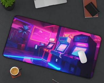 80s Retro Neon Arcade Desk Mat, Long Desk Mats, Mousepad, Gaming Mousepad, Large Deskpad, Extended