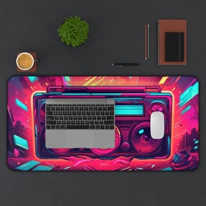 Retro Boombox Artwork Desk Mat, Neon, Long Desk Mats, Mousepad, Gaming Mousepad, Large Deskpad, Aesthetic image 4