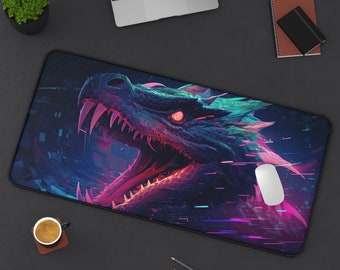 Aesthetic Neon 80s Dragon Desk Mat, XL Japanese Art Style Mousepad, Gaming Accessory, Large Desk Pad, Cute XXL Mouse Pad