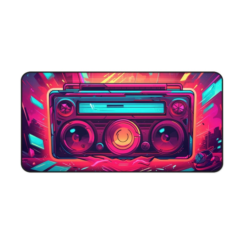 Retro Boombox Artwork Desk Mat, Neon, Long Desk Mats, Mousepad, Gaming Mousepad, Large Deskpad, Aesthetic image 2